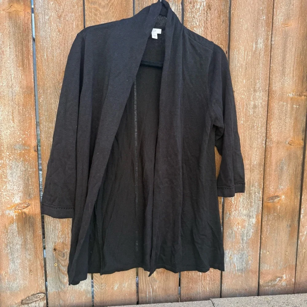 J Jill Womens Black Linen Knit 3/4 Sleeve Open Front Cardigan Sweater Size Small